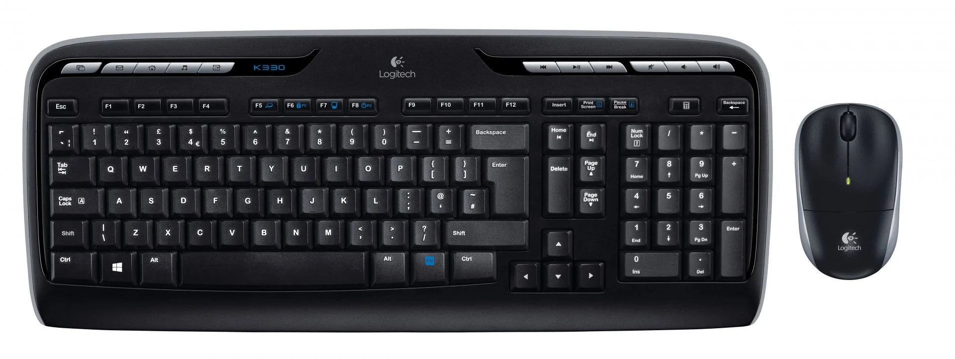 Logitech MK330 Wireless Keyboard and Mouse Combo, full-sized keyboard with a compact mouse, both in black color.